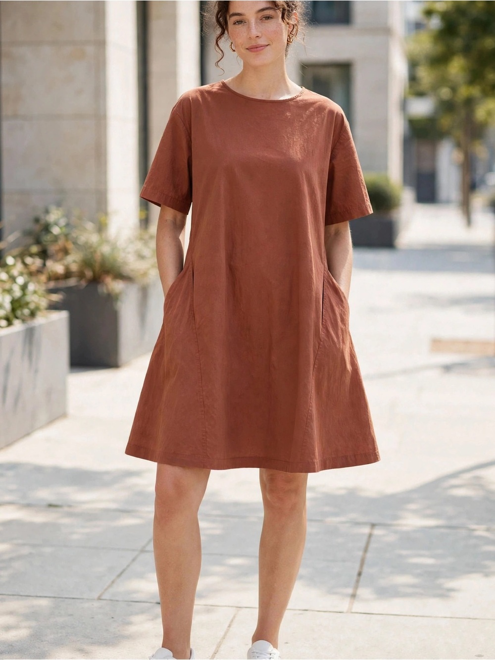 Zara Woman Brown/Terracotta A-Line Pocket Dress Size L Minimalist Cotton Blend